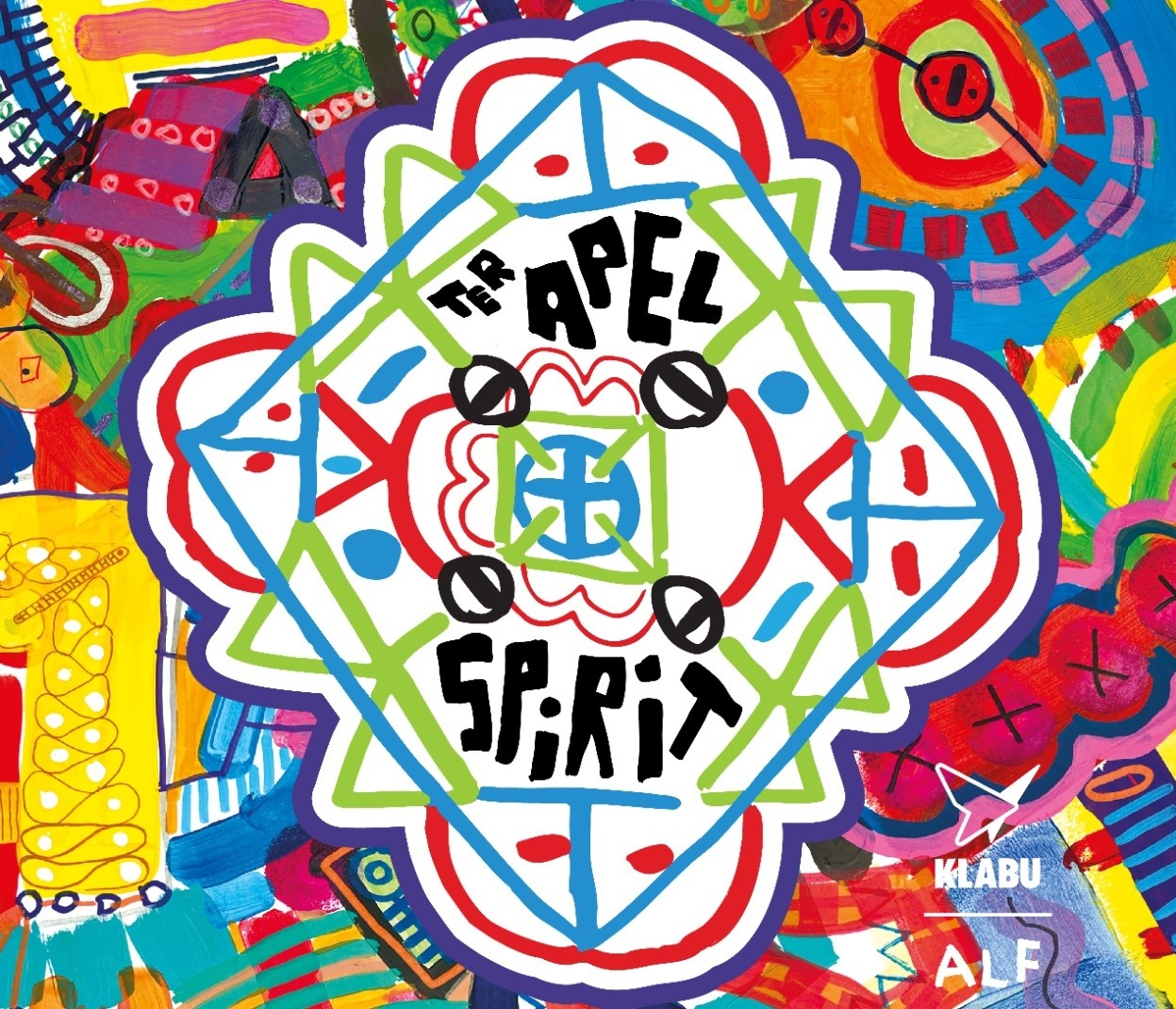 Colorful, abstract tribal-inspired design with bold patterns and the text "TRAPEL SPIRIT" in the center, alongside logos.