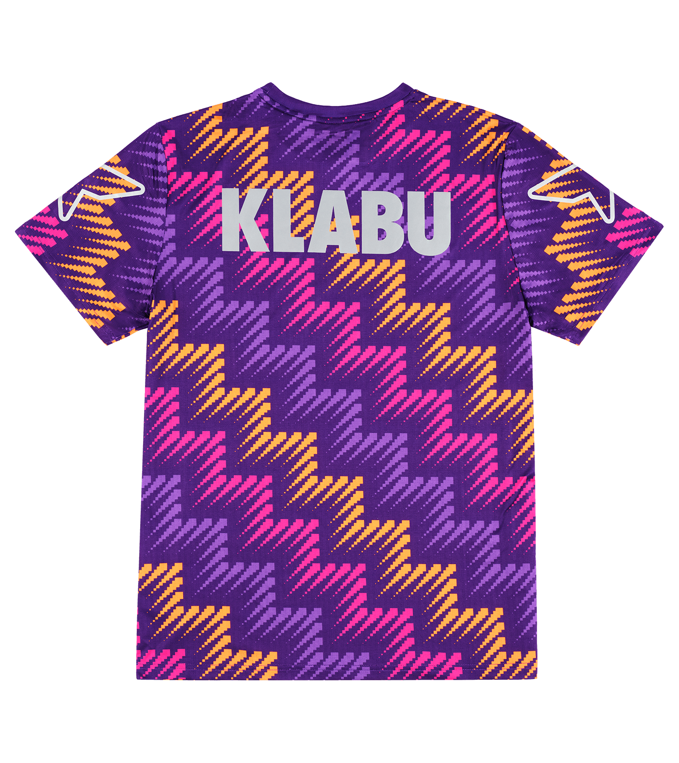 Colorful geometric-patterned shirt with "KLABU" text on the back, featuring purple, pink, and orange zigzag designs.