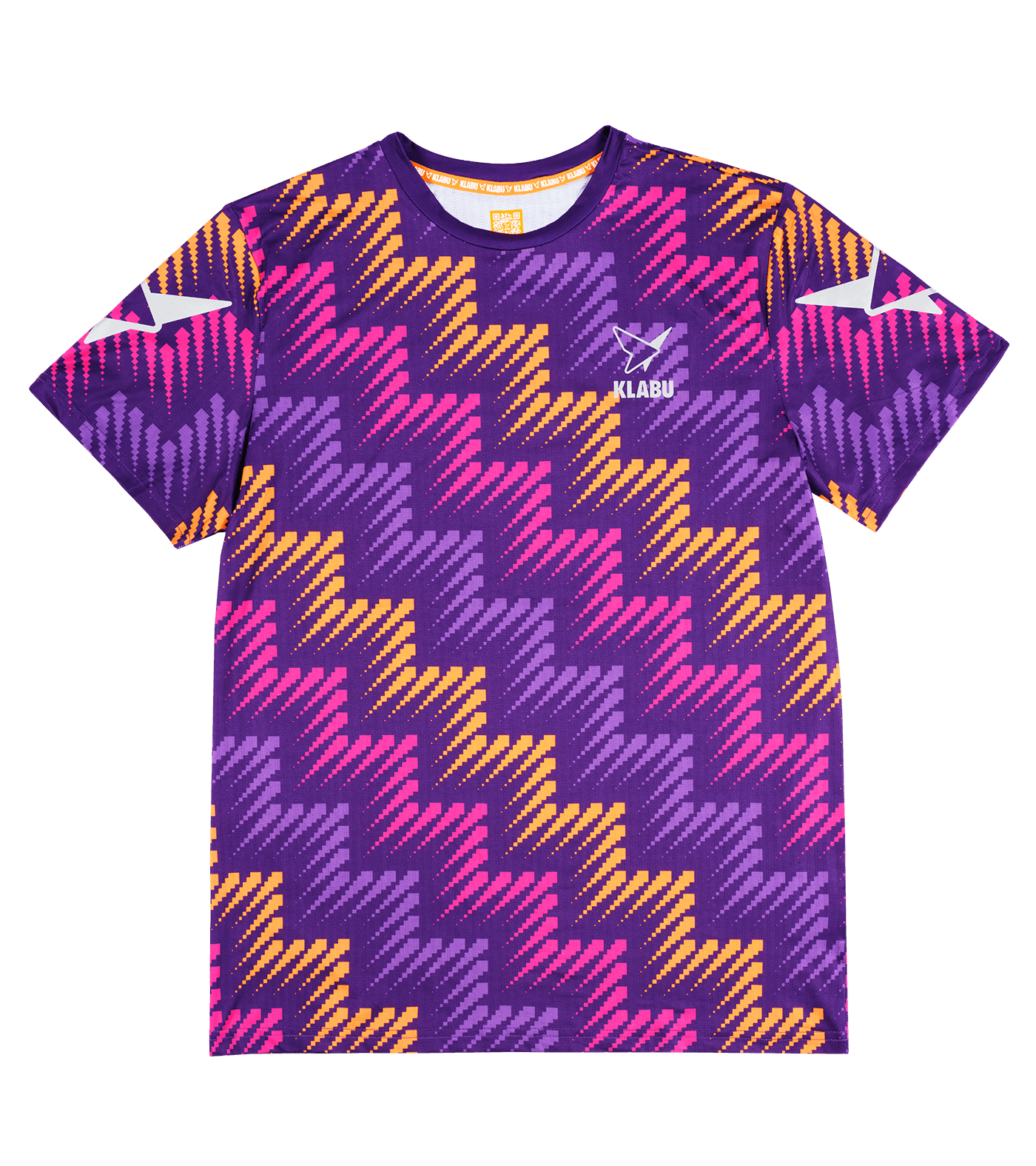 Colorful patterned T-shirt with zigzag design in purple, pink, and orange, featuring a logo on the chest.