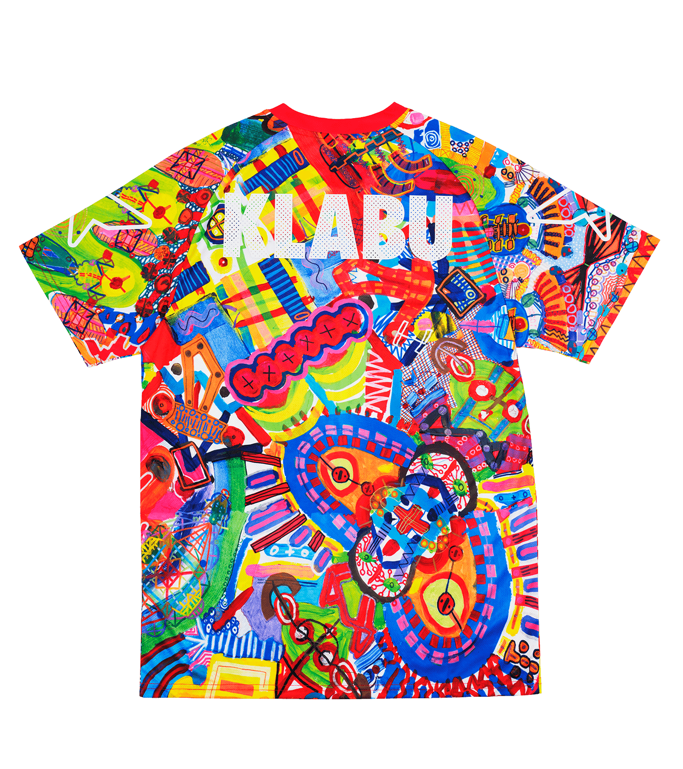 A vibrant, abstract T-shirt featuring a mix of colorful patterns, shapes, and symbols, with prominent reds, blues, yellows, and greens. Refugee sports sportswear impact