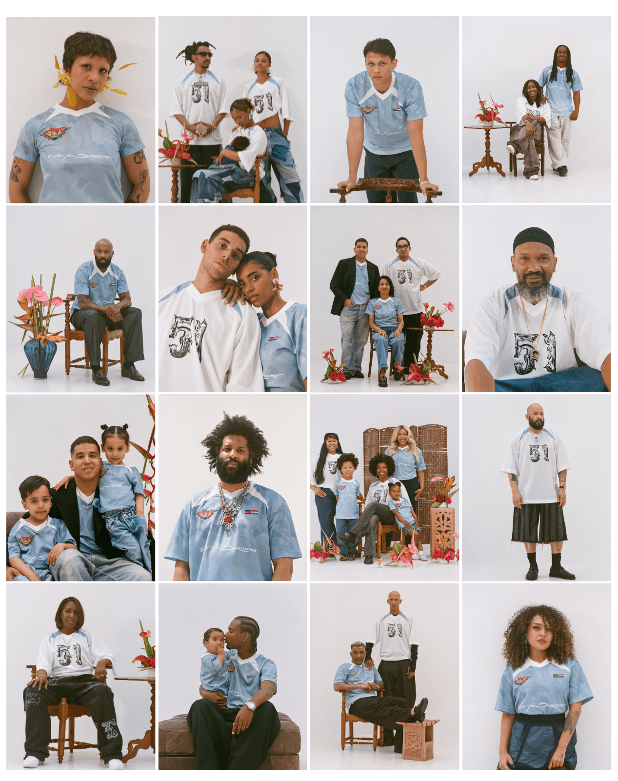 Collage of images showing individuals and families of Surinamese descent wearing limited edition shirts in support of Keti Koti 2026