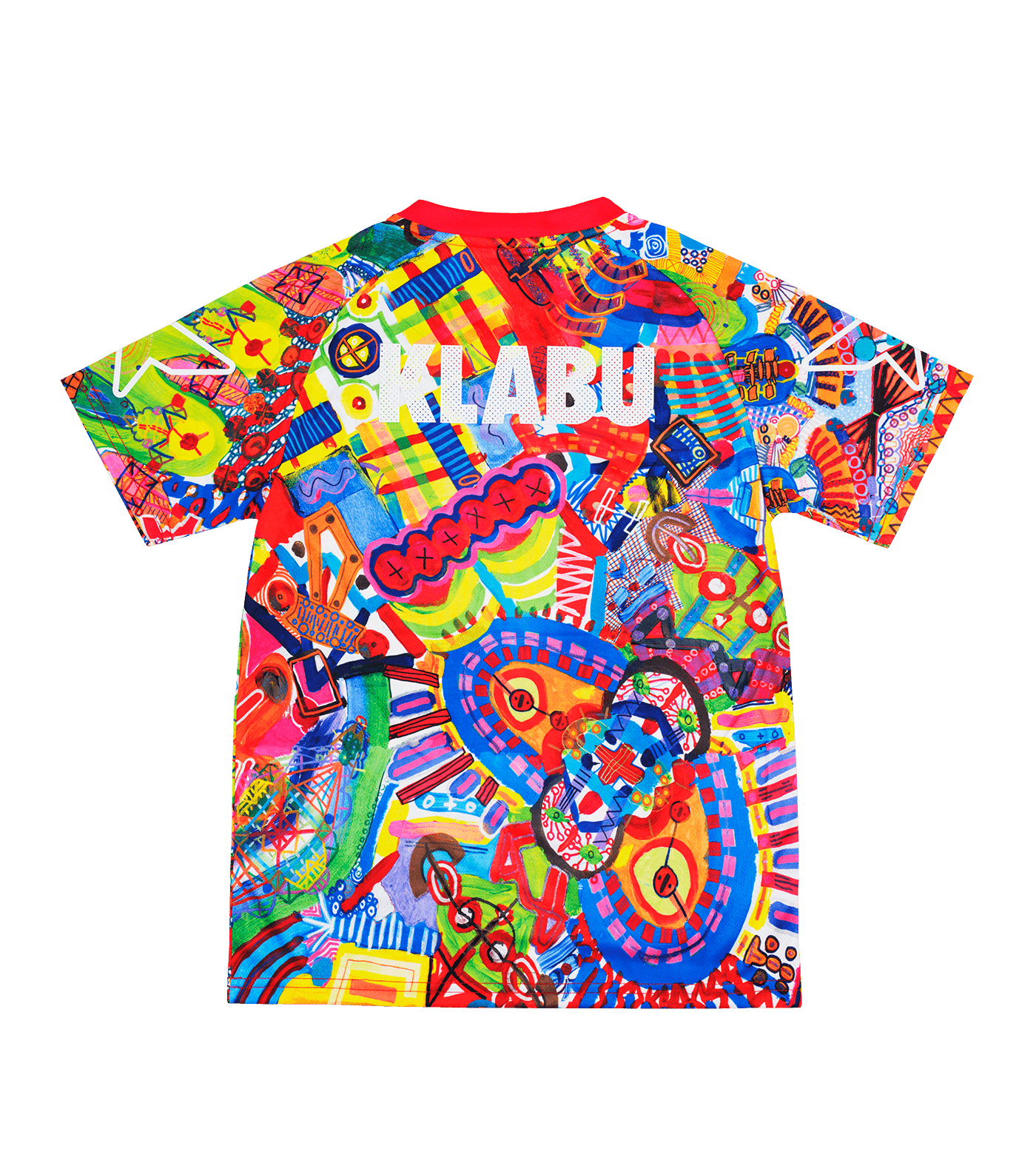 A vibrant, abstract T-shirt featuring a mix of colorful patterns, shapes, and symbols, with prominent reds, blues, yellows, and greens. Refugee sports sportswear impact