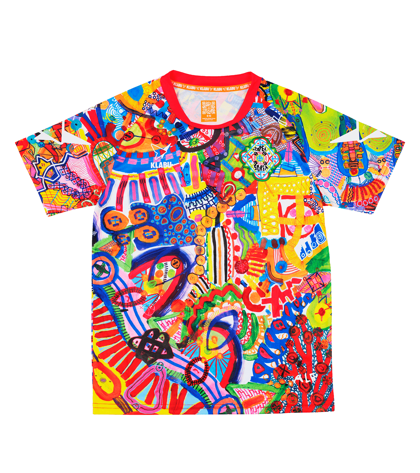 A vibrant, abstract T-shirt featuring a mix of colorful patterns, shapes, and symbols, with prominent reds, blues, yellows, and greens. Refugee sports sportswear impact