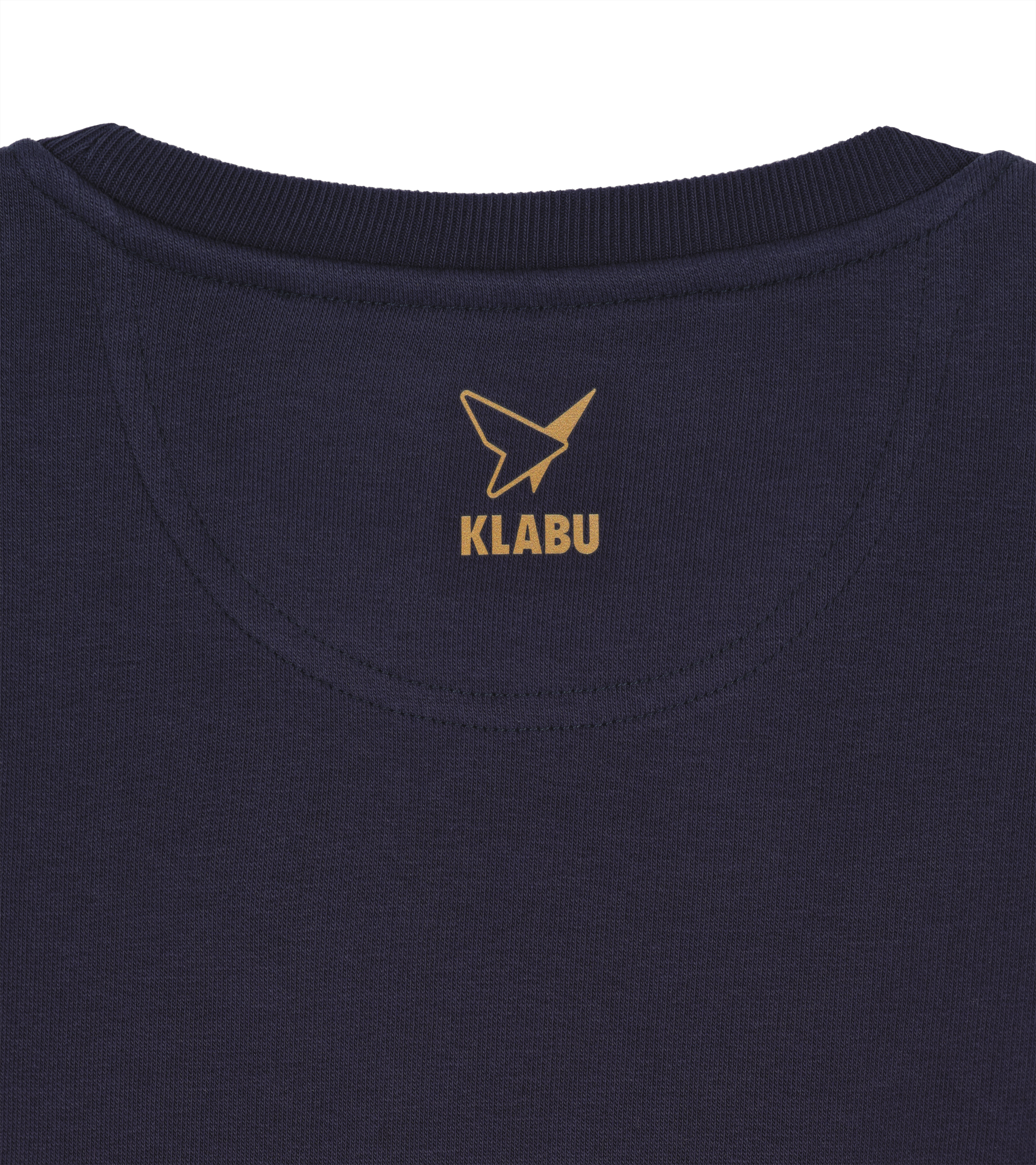 klabu navy sweater with gold logo back close up